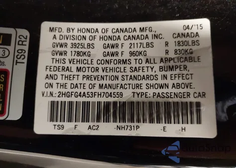 2015 Honda Civic Si from USA, damaged, VIN 2HGFG4A53FH704559